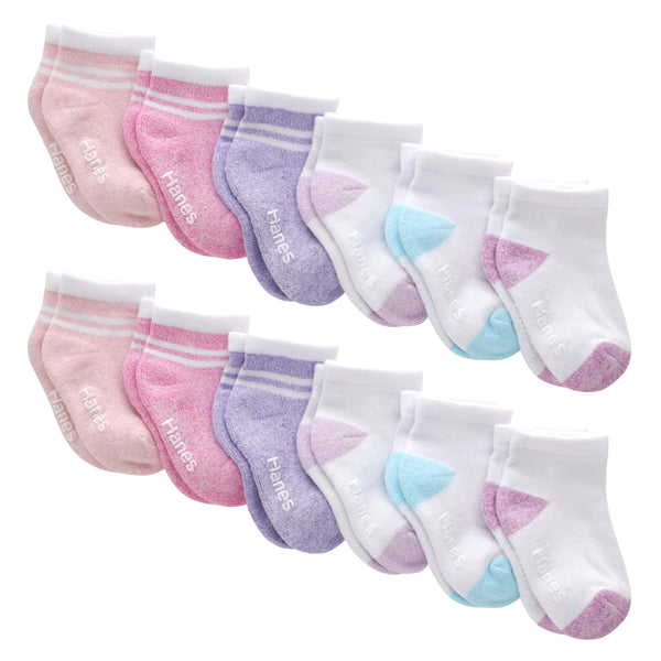 Hanes Baby and Toddler, Non-Slip Grip Ankle Socks, Boys' and Girls', Multipacks 4-5T White/Pink/Heather Pink/Purple - 12 Pack